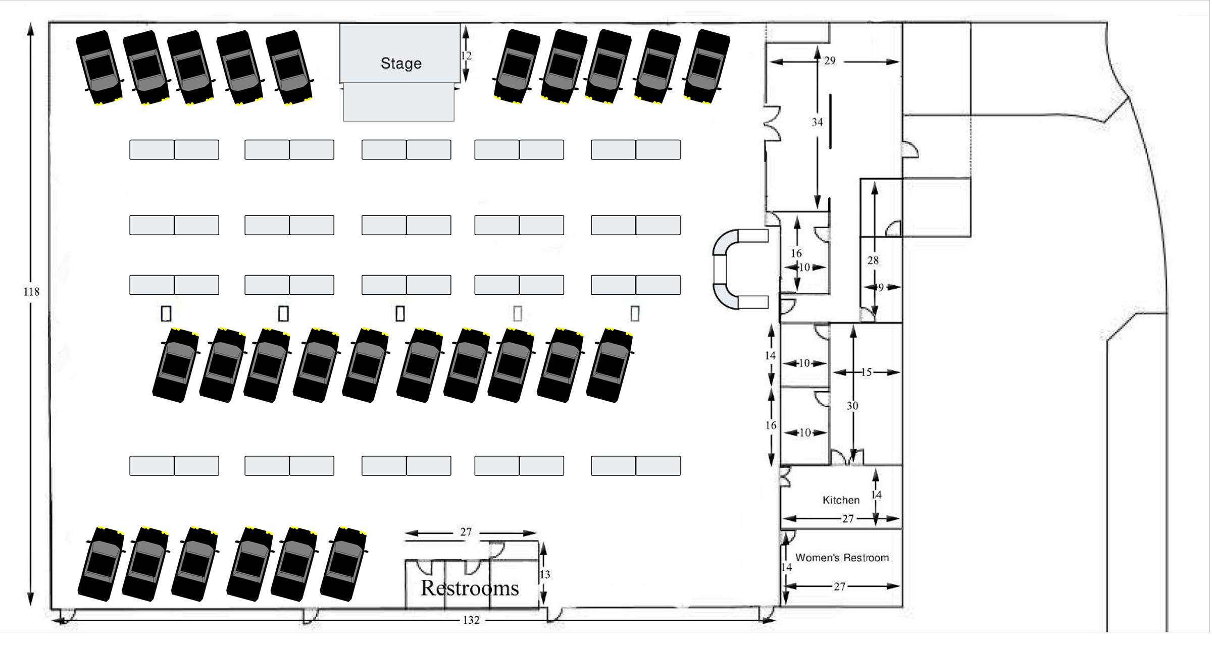 Highway 39 banquet floor plan showing rectangular table rows arranged for seated dining with stage area, two bar stations, kitchen, restrooms, and surrounding vintage car display with capacity of approximately 300 guests