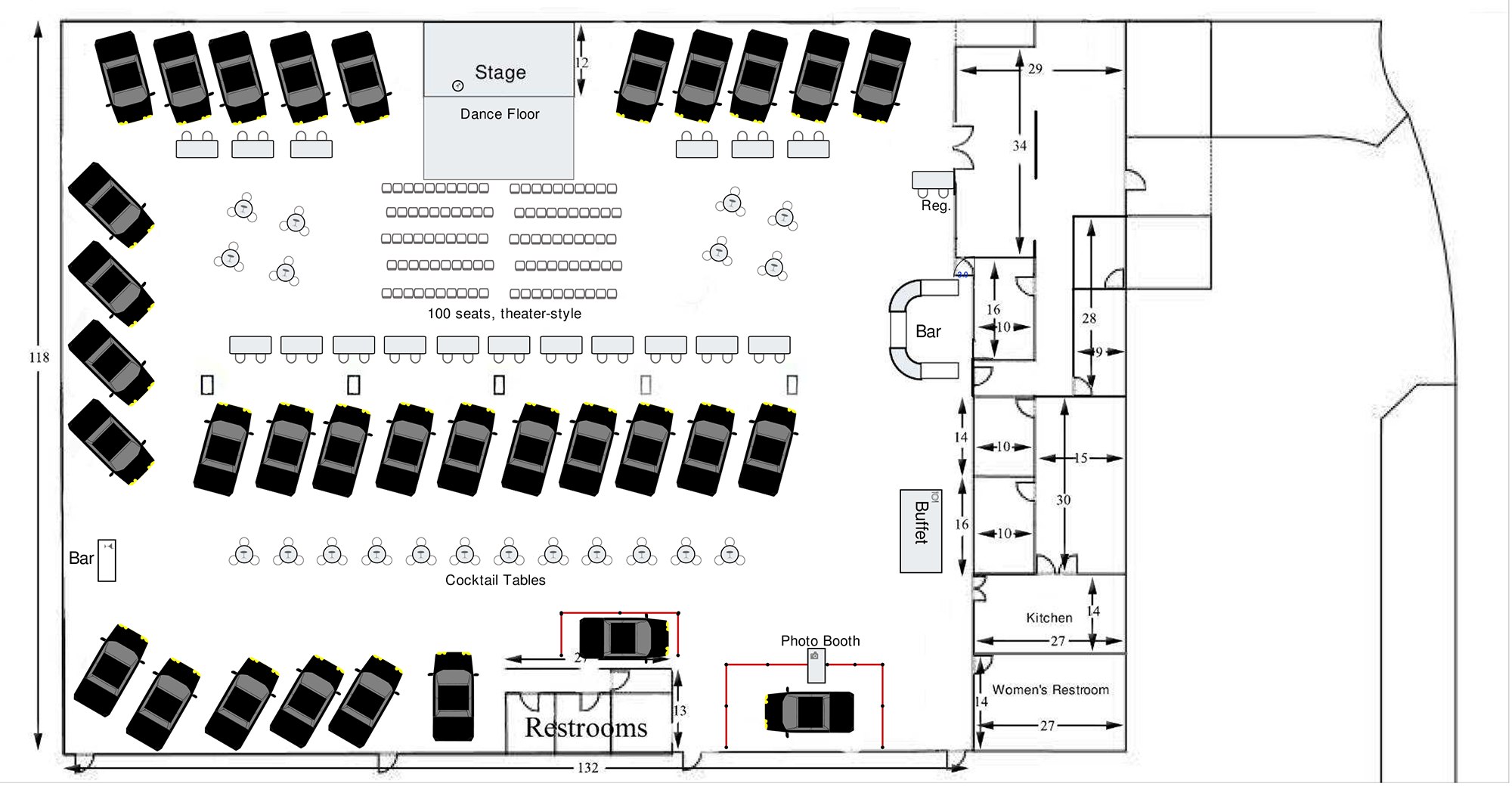 Highway 39 theater and cocktail floor plan showing 100 theater-style seats facing stage, dance floor, cocktail tables, photo booth, bar and buffet stations, and surrounding vintage car display