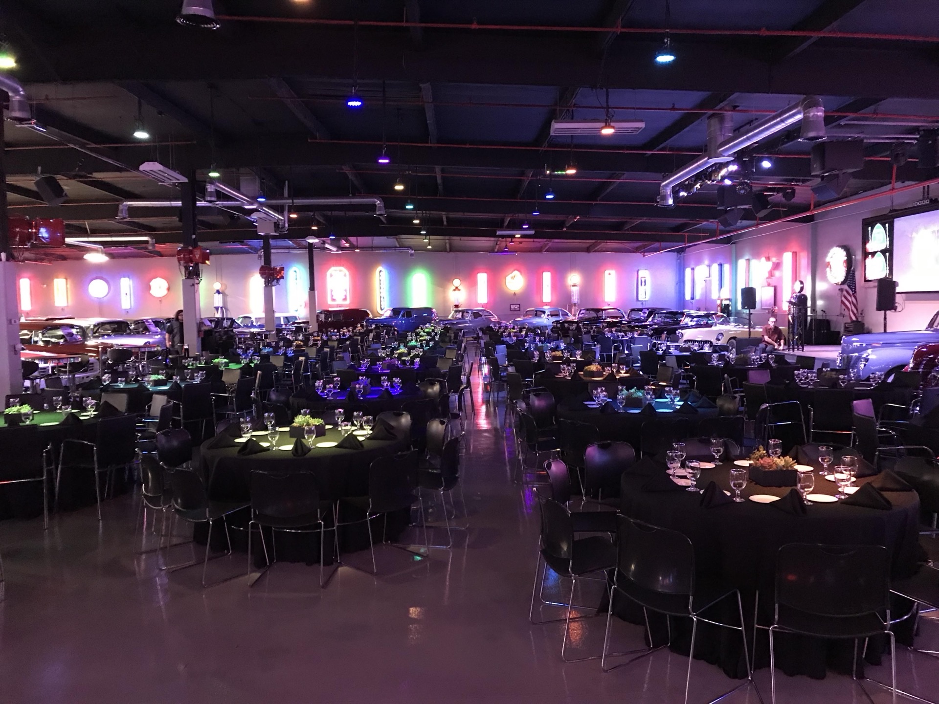Wedding reception hall with neon glow at Highway 39 Event Center in Anaheim