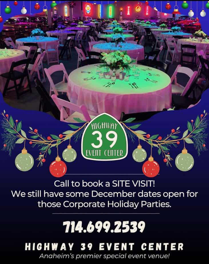 Elegant event space at Highway 39 Event Center decorated with Christmas ornaments and vibrant lighting, ideal for corporate holiday parties.