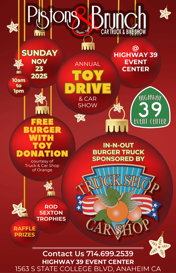 Toy Drive charity event at Highway 39 Event Center, featuring a car and bike show, toy donation, and food trucks for the community.