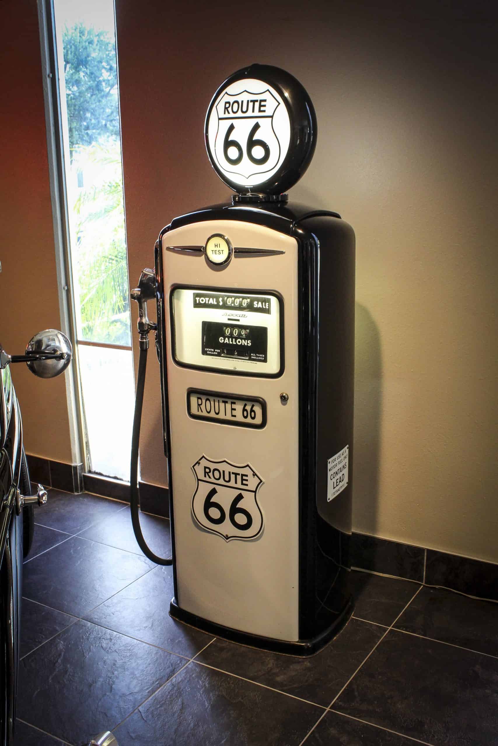 Classic Route 66 gas pump for nostalgic decor and photo opportunities.